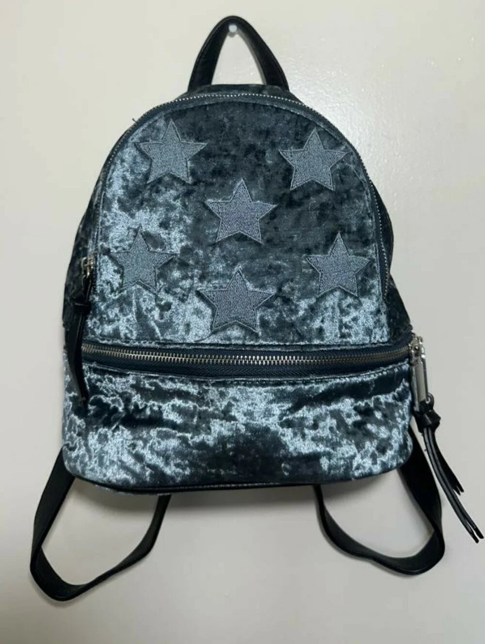 Fashionable Velvet Star Mini Backpack Grey Faux Leather Trim